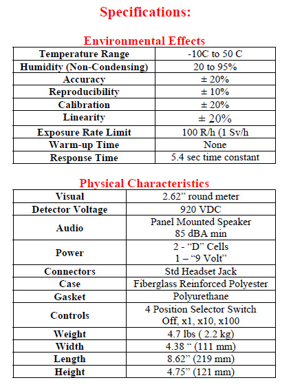  4009A Survey Meter Specifications